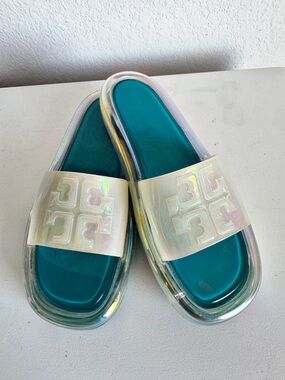 Nice Tory Burch Bubble Jelly Slides Size 9 Teal & White Iridescent